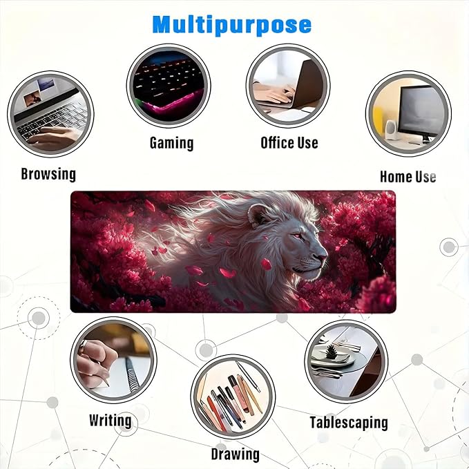 Wildlife Extended Mouse Pad Lion Pink Flower XL Mouse Pad Large Mousepad Extended Laptop Keyboard Mat Gaming Desk Pad Mouse Mat for Office Desktops, Home Workstations, and Laptops 31.5x11.8 Inch