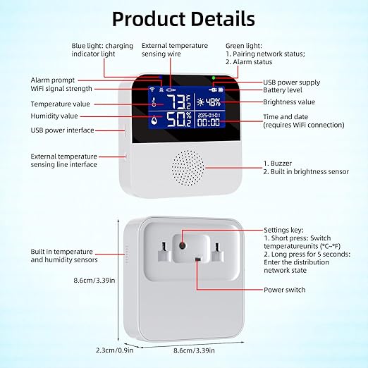eMylo WiFi Thermometer Hygrometer with Waterproof Probe, Smart Indoor Temperature Humidity Monitor with Brightness Sensor, LED Backlit Screen, APP Control, Buzzer Alarm&App Alert,Compatible with Alexa