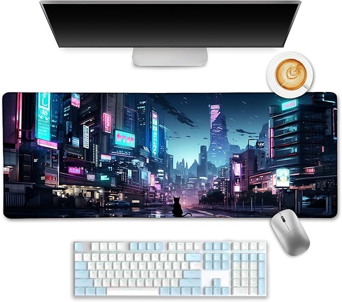 LIMKRIAN Cyberpunk Mouse Pad, Japanese Anime Cat Desk Mat, Neon Tokyo Extended Gaming Mouse Pads for Desktop Computer Laptop Office Work Game Home, 31.5x11.8 in