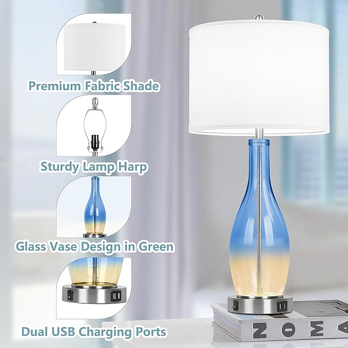 BesLowe 26in Tall Glass Table Lamps Set of 2 with 2 USB Charging Ports & LED Nightlight, Large Coastal Table Lamps for Living Room End Table, Modern Beach Lamps for Bedroom Bedside Nightstand, Blue