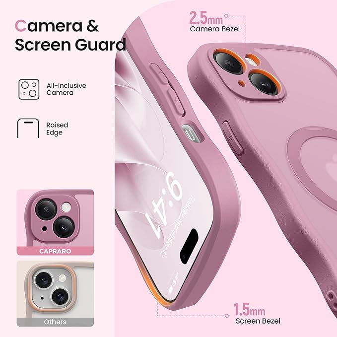 CAPRARO for iPhone 15 Plus Case with 360° Spin Magnetic Stand for Women, [Compatible with MagSafe] [Full Camera Protection] Cute Wave Translucent Matte Case for iPhone 15 Plus, Black Currant