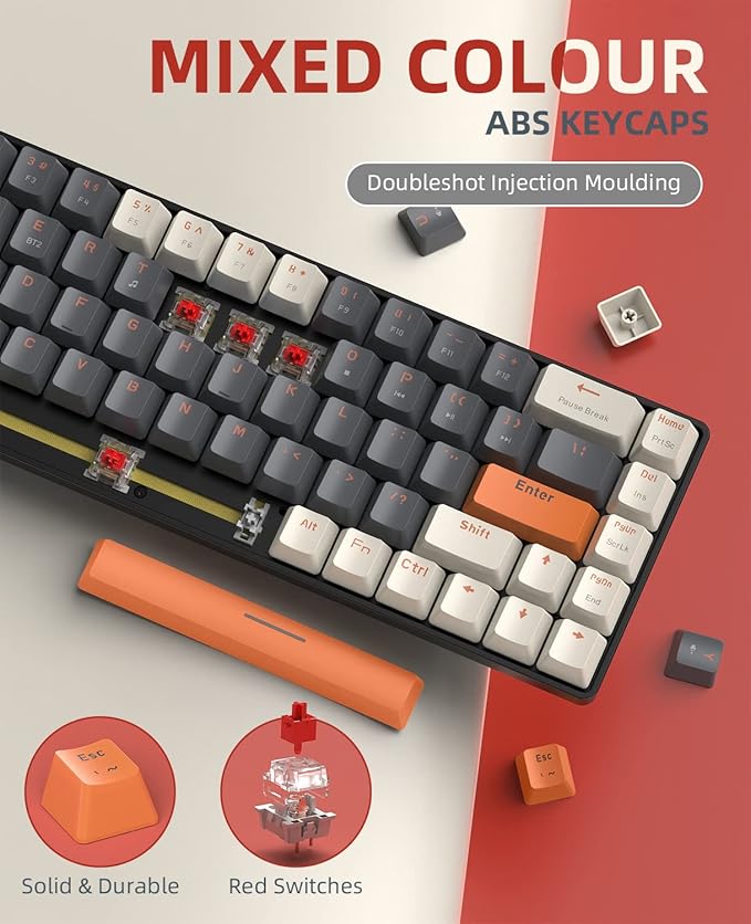 ZIYOU LANG RK68 60% Wireless Mechanical Keyboard, Bluetooth 5.0/2.4Ghz Dual Mode 2-in-1 USB-C Receiver Mini Mechanical Keyboard, Hot Swappable Red Switch Gaming Keyboard for PC/MAC/Laptops