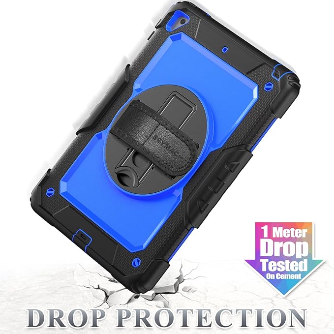 SEYMAC stock Case for iPad 6th / 5th Generation Case/Air 2 / Pro 9.7 inch, Heavy Duty Protective with Screen Protector, with Pencil Holder, Hand Strap, Shoulder Strap, 360 Rotate Stand, Blue+Black