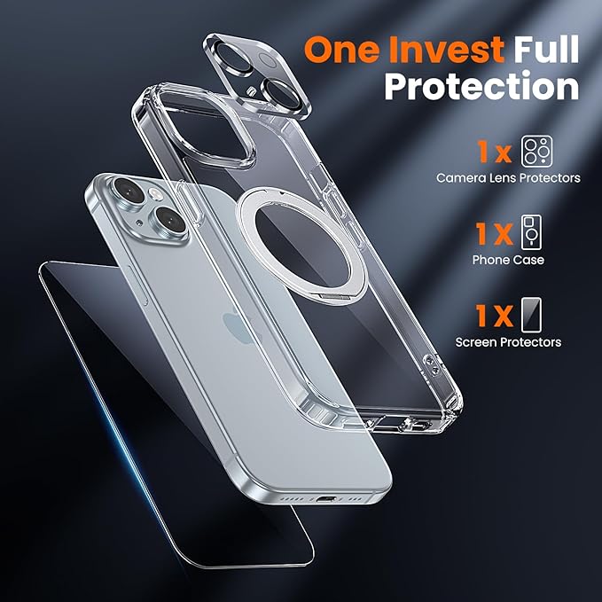 toushion 3 in 1 for iPhone 15 Case Stand |Build in Kickstand,Screen Protector *1 & Camera Lens Protector*1, Not Yellowing, Fits MagSafe, Military-Grade Protection