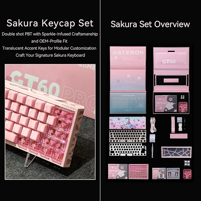 GATERON x Sikakeyb Sakura TKL Magnetic Gaming Keyboard, Adjustable Actuation-Compatible with GH60-60% 61 Keys-Esports RGB PBT Keycaps USB-C Collab Limited Edition Set (Sakura Full Set)