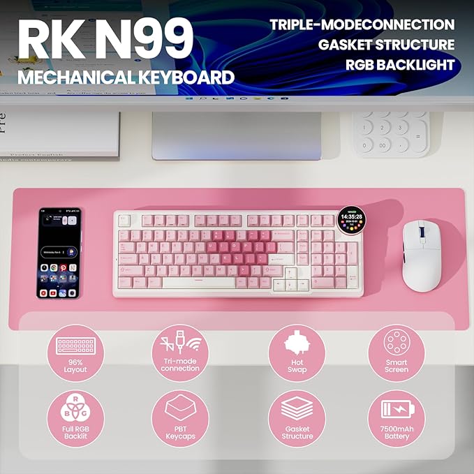 RK ROYAL KLUDGE N99 Wireless Mechanical Keyboard with Screen & Knob, BT/2.4G/USB-C, 96% Hot Swappable Pre-lubed Tactile Switches, Gasket Mount, RGB Mechanical Gaming Keyboards