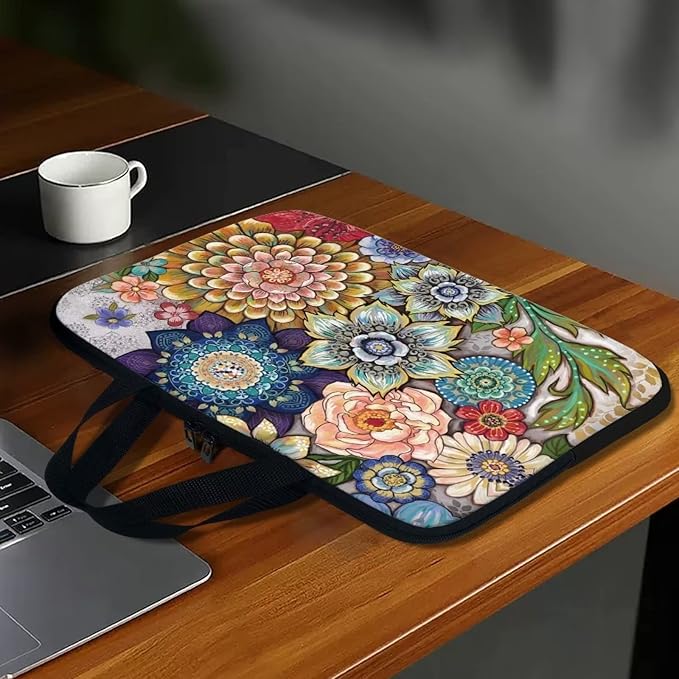 10 Inch Boho Flowers Laptop Sleeve for Women Girl, Slim Water Resistant Computer Carrying Case with Handle, Durable Protective Laptop Tote Bag Cover Compatible with Tablet/Notebook/Reader