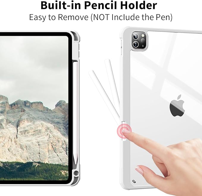 Case for iPad Pro 12.9 Inch (6th/5th/4th/3rd Generation 2022/2021/2020/2018) with Pencil Holder, Clear Transparent Back Shell Slim Stand Shockproof Tablet Cover, Auto Wake/Sleep, Gray
