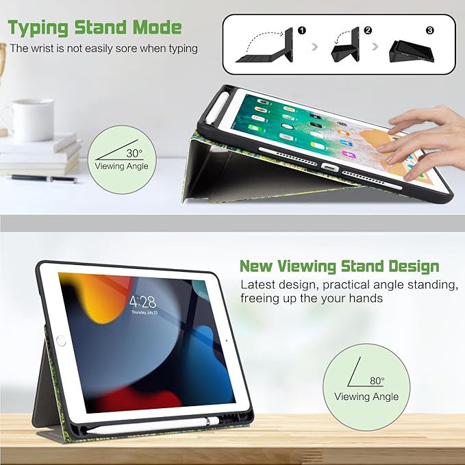 for iPad Air 2/1 Case 2014/2013, for iPad 5Th/6Th Generation Case 2017/2018, Slim fit iPad Cases 5th/6Th Generation 9.7-inch, 4 Viewing Angles & Typing Stand & Pencil Holder, Water Lilies