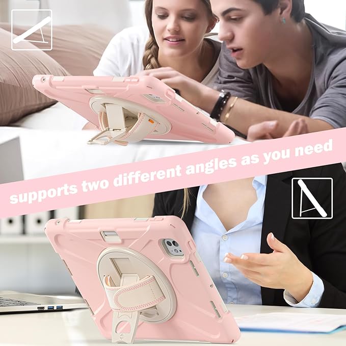 Batianda Case for New iPad Pro 11-inch 2025 M5 2024 M4 Chip Heavy Duty Rugged Durability Silicone Tablet Cover with 360° Rotating Hand Strap Foldable Hidden Stand & Shoulder Strap, Pink