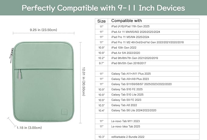 Dadanism 9-11 Inch Tablet Sleeve Padded Carrying Case for iPad (A16) 11th Gen 11", iPad 10th Gen 10.9", iPad Air M4/Pro M5 11", iPad Air 5/4, iPad 9/8/7th Gen, Galaxy Tab A11+ Plus 11",Matcha Green