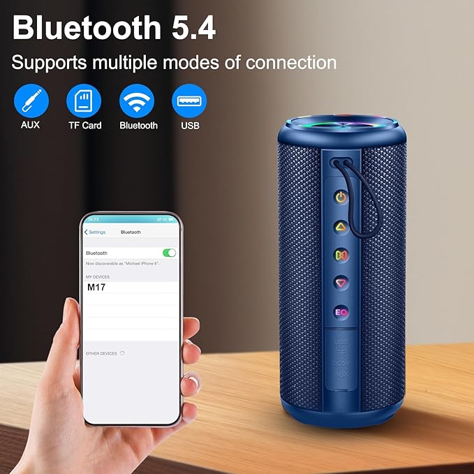 Portable Bluetooth Speaker, Bluetooth 5.4 Wireless Speaker with 20W HD Loud Stereo Sound, 20H Playtime, IP7 Waterproof, LED Lights, TWS Pairing, Built-in Mic, for Outdoor, Party, Home, Gift, Blue
