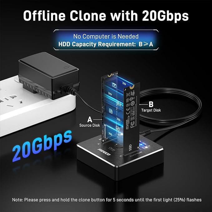 FIDECO M.2 NVMe SATA SSD Cloner Dock, USB 3.2 Gen 2 X 2, 20Gbps Dual NVMe SATA SSD Enclosure, M.2 Duplicator Cloner, Support Offline Clone, UASP and Trim, Aluminum Design