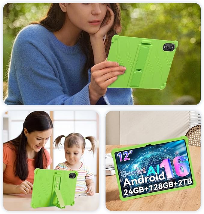 for Nexall N90 Tablet Case 12Inch, Shockproof Four Corner Airbag Protection,Soft Silicone Edge Cover with Built-in Stand,Heavy Duty Protective Sleeve for Nexall N90,Green