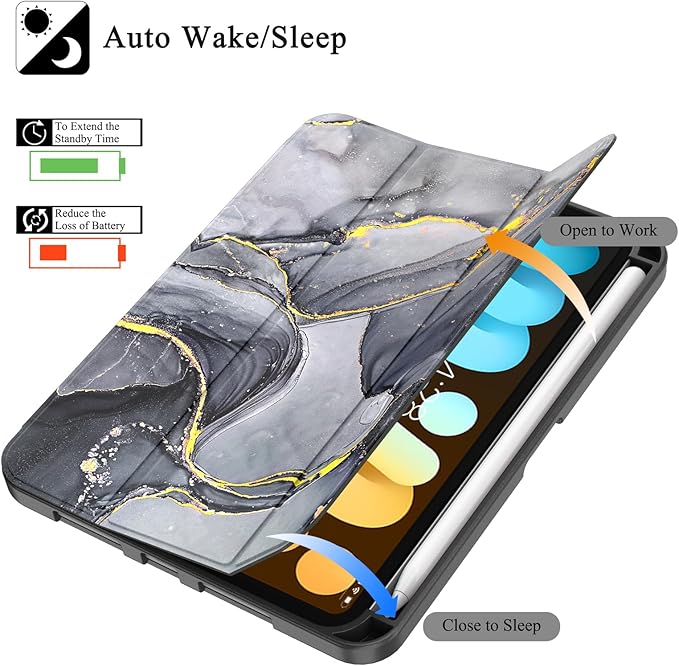 Soke Case for iPad mini 7(A17 Pro) 2024/iPad Mini 6 2021 8.3 inch with Pencil Holder-[Pencil Charging + Auto Wake/Sleep], Soft TPU Back Cover for iPad mini 7th/6th Generation(Black Marble)