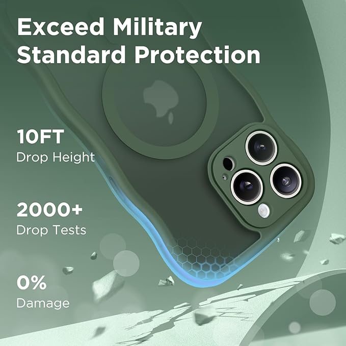 CAPRARO Cute for iPhone 15 Pro Max Case, Compatible with MagSafe, [Curly Wave Edge] [Full Camera Protection] [14 FT Drop Protection] Magnetic Phone Case for 15 Pro Max 6.7 Inch, Deep Green