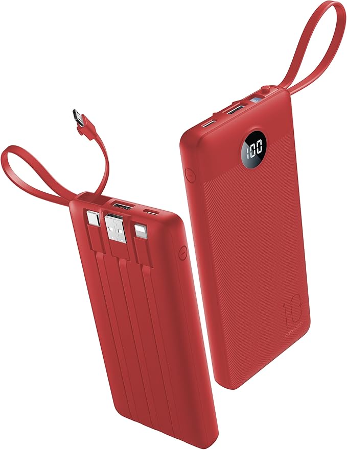 Portable Charger Power Bank, External Battery Pack with Cords Wires, Light 10000mAh Travel Essentials Battery Bank 5 Outputs 2 Inputs LED Display Compatible with iPhone/Android &More(Magenta)