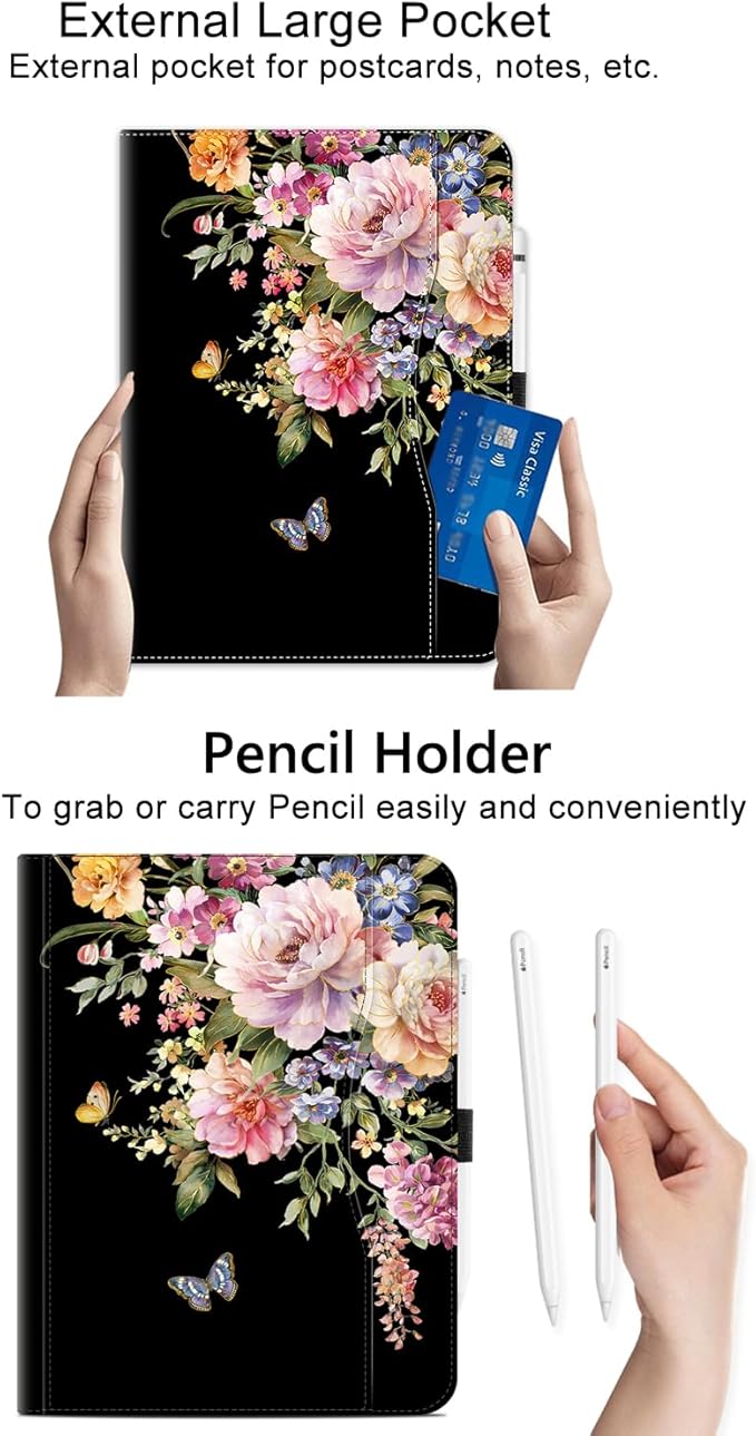 Vimorco for iPad Pro 13 Inch Case, for iPad Air 13 Inch Case, Fit for iPad Pro 12.9 Cases 6th/5th/4th/3th Generation 5 Stand Angles/Typing Stand/Pencil Holder/Card Pockets, Black Flower Butterfly