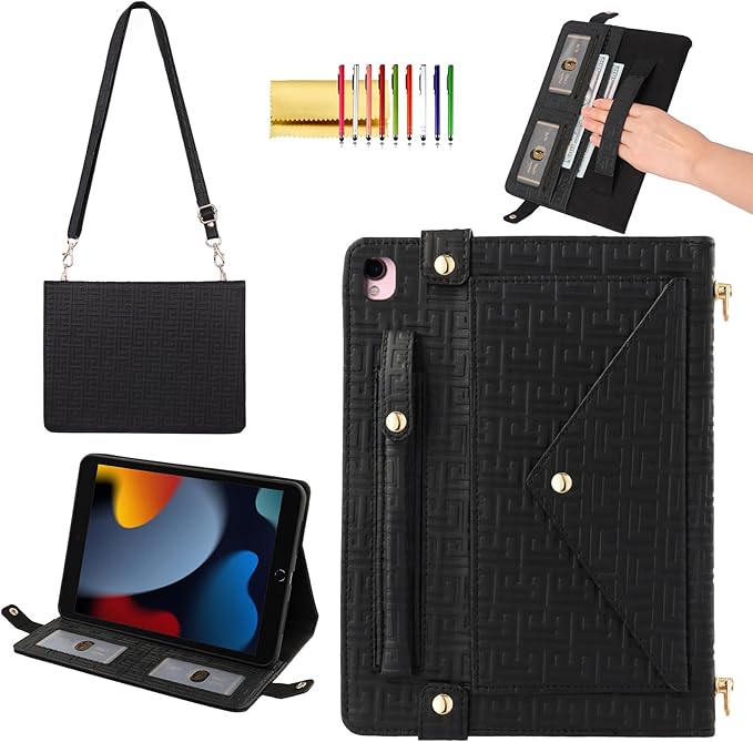 Handbag Case for iPad 9.7 Inch 2018/2017 (6th/5th Gen), iPad Air 2/Pro 9.7 Cover, Techcircle Cute Folio Stand Wallet Case w/Pencil Holder, Card Slots, Hand Strap, Shoulder Strap, Black