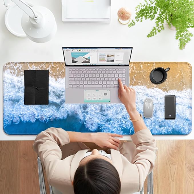 Beach Ocean Waves Gaming Desk Mat, Computer Keyboard Large Extended Sea Mouse Pad for Office and Home, 31.5×11.8 Inches, XL, Blue