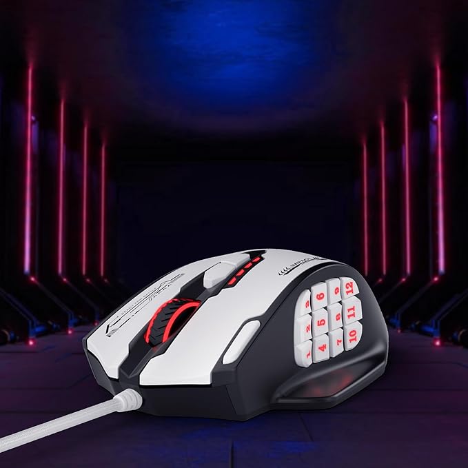 Redragon M908 Impact RGB MMO Gaming Mouse, Optical Wired Ergonomic Mouse with Max 24,000 DPI, High Precision, 18 Programmable Macro Shortcuts, Comfort Grip, Black & White