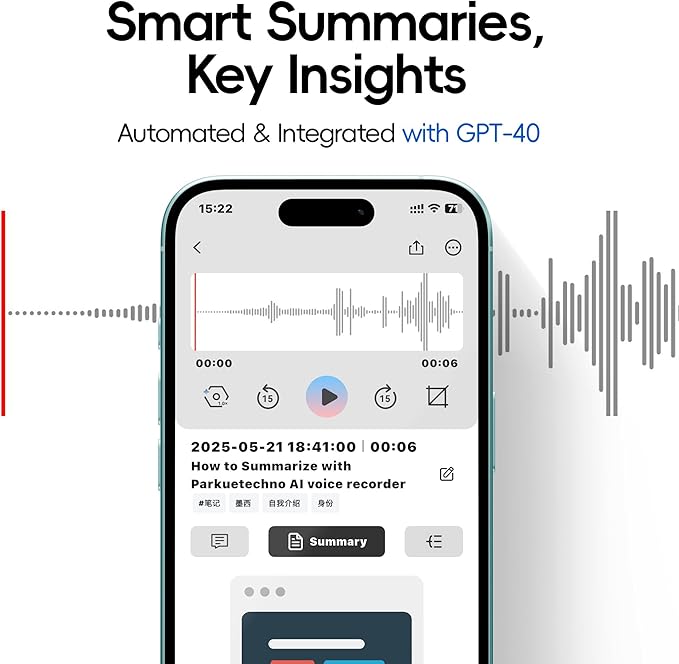 AI Voice Recorder, Parkuetechno Voice Recorder with Case, App Control, Transcribe & Summarize with AI Technology, 64GB Memory, Supports 140 Languages, Audio Recorder for Phone Calls Lectures