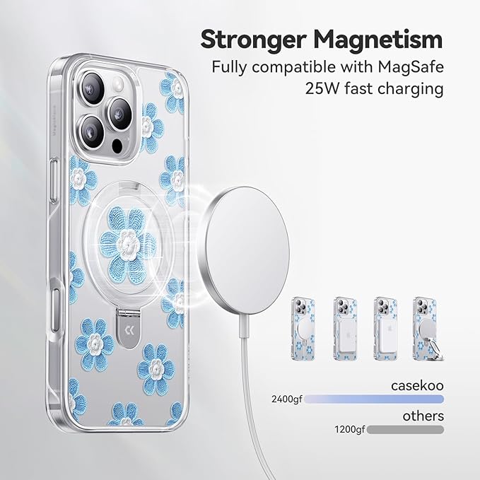 CASEKOO Floral Series Blue Flowers for iPhone 16 Pro Case with Magnetic Ring Stand [Compatible with MagSafe] [Military-Grade Protection] Fashion Clear Back, Soft Edge, for Women
