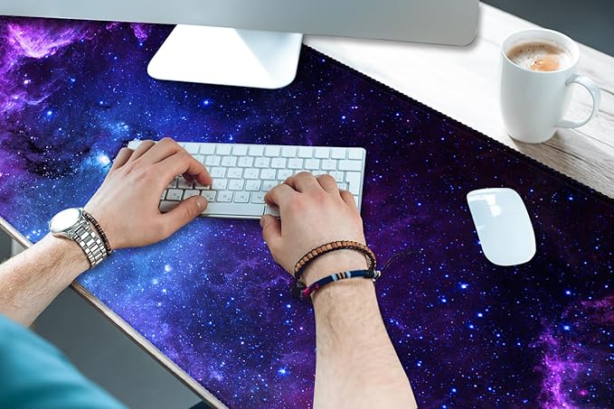 XXL Waterproof Office Desk Pad Protector 35.4x15.7 Inch - Extended Gaming Mouse Pad with Non-Slip Rubber Base, Thickened Keyboard Mat, Stitched Edges & Galaxy Star Design