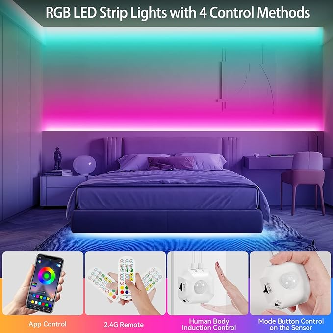 Motion Sensor LED Light Strip, 2x9.8Ft RGB LED Strip Lights Motion Activated Under Bed Lights, App Control Music Sync Strip Lights with Remote, USB Under Cabinet Lights for Kitchen Closet Stair