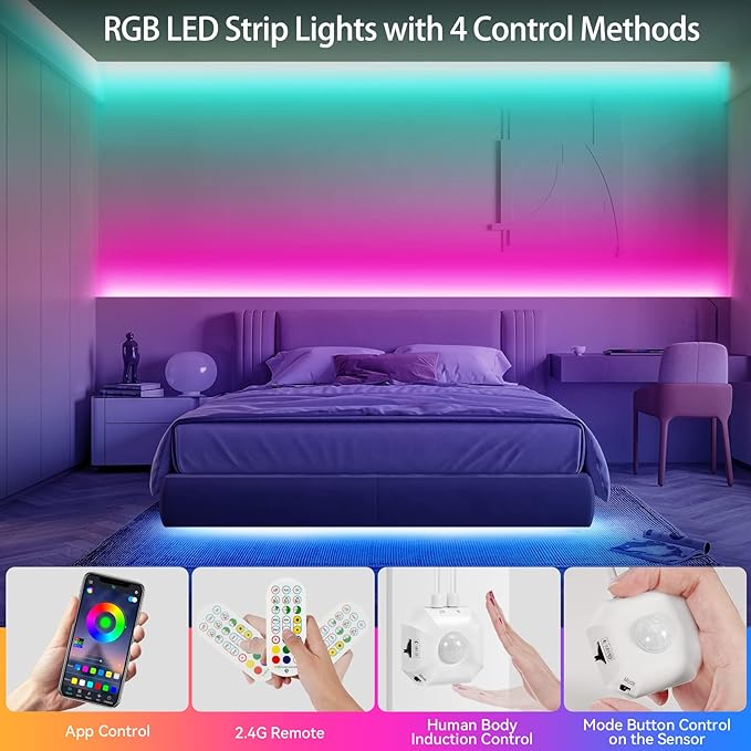 9.8Ft RGB LED Strip Lights, Motion Sensor Under Bed Lights, Indoor Usage, USB Powered, 3 Modes, App Control, RF Remote, SMD5050, for Bedroom, Kitchen, Stairs