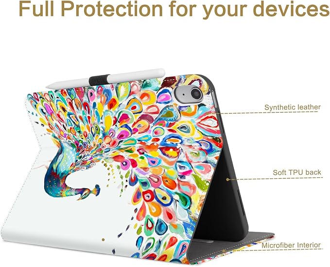 Vimorco Case for iPad (A16) 11th Generation 2025, for iPad 11th/10th Generation Case, Pencil Holder & Hand Strap & Pocket, Multiple Stand Protector PU Leather Shell Cover, Auto Wake/Sleep, Peacock