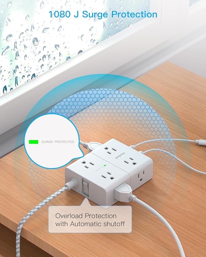 10 Ft Flat Plug Extension Cord with Multiple Outlets, Surge Protector Power Strip 10 Ft Long Cord, 8 Outlet 4 USB Ports (2 USB C), Multi Outlet Wall Plug for Office, College, Dorm Room Essentials
