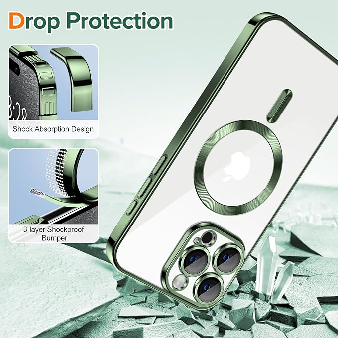 Hython Magnetic Clear for iPhone 15 Pro Case with Camera Lens Protector [Compatible with MagSafe] Luxury Plating Edge Slim Soft TPU Cover Protective Phone Case for iPhone 15 Pro 6.1", Deep Green