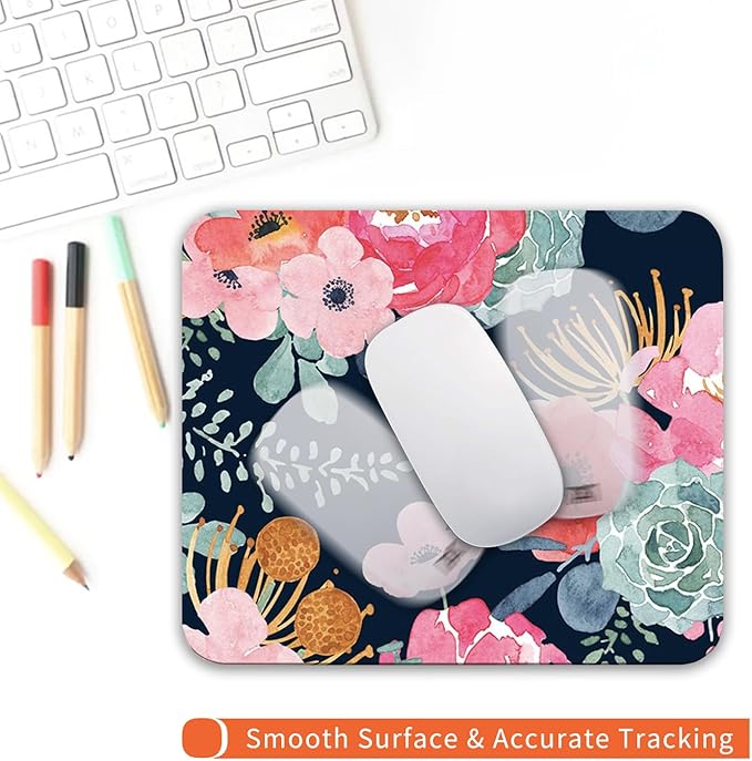 Square Mouse Pad Pink Flower, Personalized Premium-Textured Custom Mouse Mat Design, Washable Mousepad Cloth, Non-Slip Rubber Base Computer Mouse Pads for Wireless Mouse