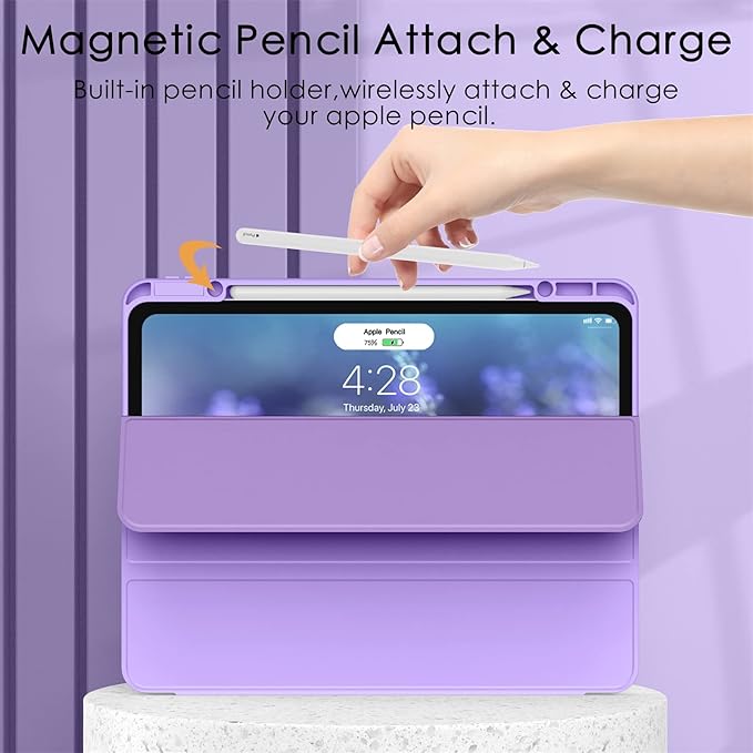 Soke Case for iPad Pro 12.9 Inch (6th/5th/4th/3rd Generation, 2022/2021/2020/2018) - Pencil Holder + Auto Sleep/Wake + Camera Protection, Transparent Shockproof Back Cover, Clove Purple
