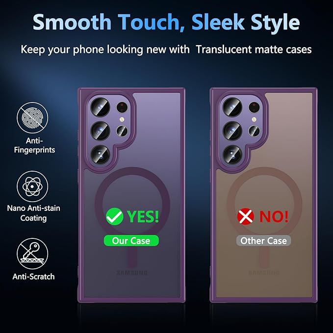 OWKEY for Samsung Galaxy S24 Ultra Case 6.8'', Magnetic S24 Ultra Case Compatible with Magsafe, [Shockproof Military] Translucent Back Slim Bumper Cover Phone Case Samsung S24 Ultra, Purple