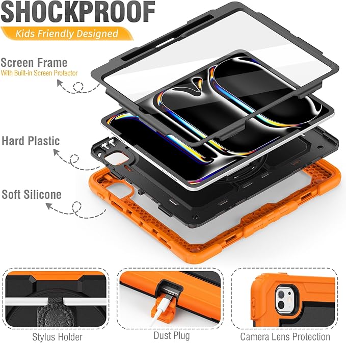 HXCASEAC for iPad Pro 13 Inch Case (M5/M4) 2025/2024, Shockproof Design with Pencil Holder, Protector, Rotating Stand, Hand Strap, Heavy Duty Protective iPad Pro13 Cover A3360 A2925 A2926, Orange