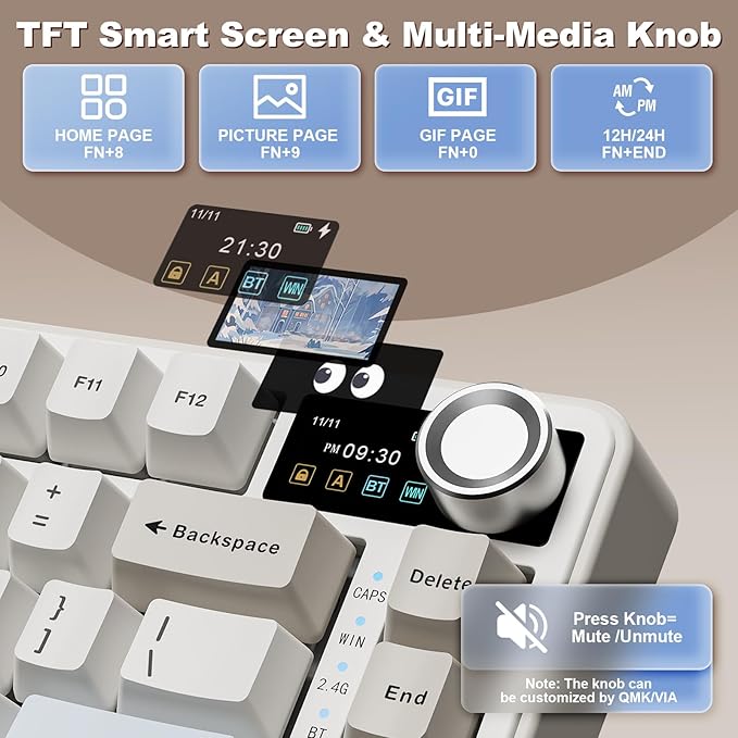 YUNZII B75 PRO MAX QMK/VIA Wireless Mechanical Keyboard,75% Layout with Screen and Knob,Custom Hot Swap Gasket,Creamy Pre-lubed Switches,Bluetooth/Type-C/2.4G for Win/Mac (Beige,Candy Switch)