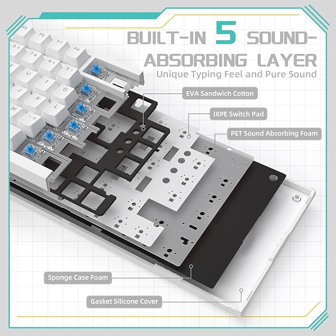Attack Shark ajazz AK820 Wired Mechanical Gaming Keyboard with Volume Knob Hot Swappable 75% Gasket Keyboard 5-Layer Noise Absorbing Foam PBT Keycap Ice Blue Backlit Blue Switch for PC/Win/Mac-White