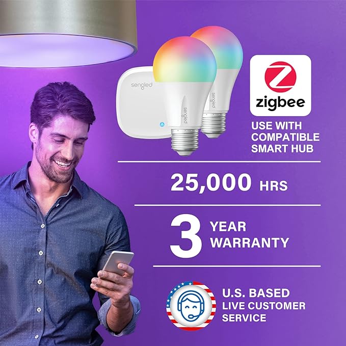 Sengled Smart Light Bulb Starter Kit, Smart Bulbs that Work with Alexa, Google Home, Color Changing Light Bulb, Alexa Light Bulbs, A19 E26 Dimmable Bulbs 800LM, 8.6W (60W Equivalent), 2 Pack with Hub