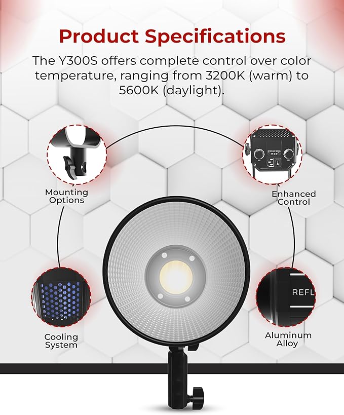 Reflex Camera Professional 300W Dimmable Bi-Color Bowens LED COB Studio Light 3200K-5600K Adjustable, Portable, Warm to Daylight Adjustment, U Bracket with 360 Degree Movement Continuous Light