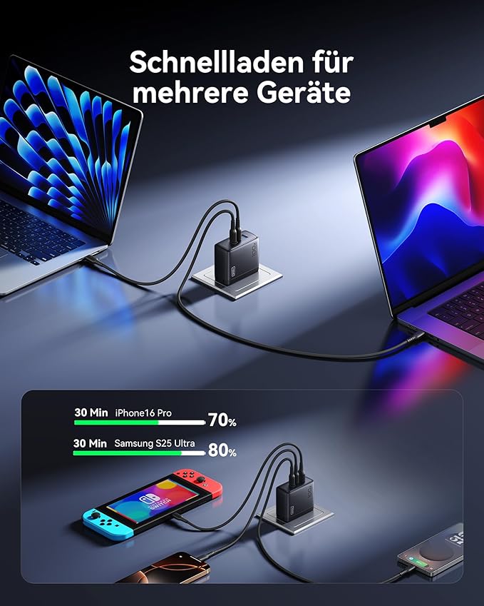 INIU USB C Charger Block, 100W GaN Fast Charging, 3-Port Compact Foldable Travel Charger with Type C Cable, Power Adapter for Mac Book Air Pro 15 14 M3, iPhone 17 16 Pro Max Samsung S26 S24, Switch 2