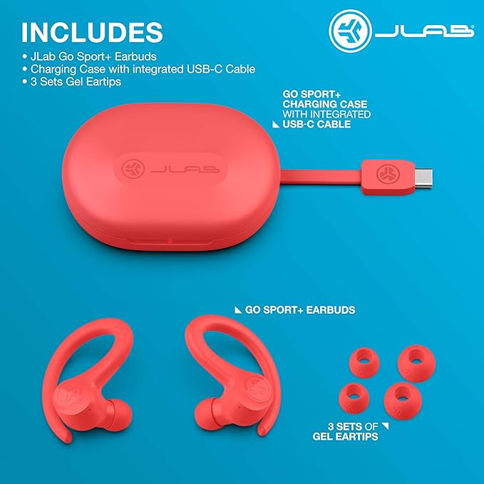 JLab Go Sport+ Wireless Workout Earbuds Featuring C3 Clear Calling, Secure Earhook Sport Design, 35+ Hour Bluetooth Playtime, 3 EQ Sound Settings, and IP55 Sweat Resistance (Coral)