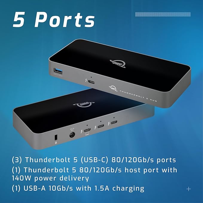 OWC Thunderbolt 5 Hub – 5-Port Expansion for Mac & PC | 80Gb/s Bandwidth | 140W Charging | Triple 8K Display Support | Fanless Silent Design | TB5/TB4/TB3/USB4 Compatible