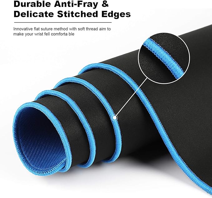 Large Gaming Mouse Pad(35.4x15.7x0.16in), Black Thick Computer Extended Mousepad for Laptop, 35% Larger Smooth Keyboard Mat with Non Slip Blue Rubber Base, Desk Pad with Durable Stitched Edges