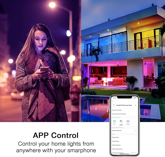 DAYBETTER Smart Light Bulbs, Alexa Light Bulb, WiFi Light Bulbs, RGBCW Color Changing Light Bulb A19 9W 800LM, Smart Bulbs That Work with Alexa & Google Assistant, 2.4Ghz only, No Hub Required,4 Pack