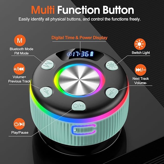 Bluetooth Shower Speaker, IP7 Waterproof Portable Bluetooth 5.3 Speakers with Suction Cup, Mini Wireless Speaker with RGB Lights Time Display, Loud Stereo Sound for Bathroom Beach Outdoor Party, Mint