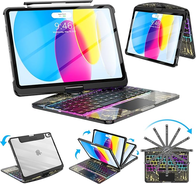 SIBEITU Keyboard Case for iPad A16 11th Gen 11" 2025 & 10th Gen 10.9" 2022, Clear Wireless Keyboard Protective Cover with Multi-Touch Trackpad, 7-Color Backlight & 3-Brightness, 360 Rotatable, Black