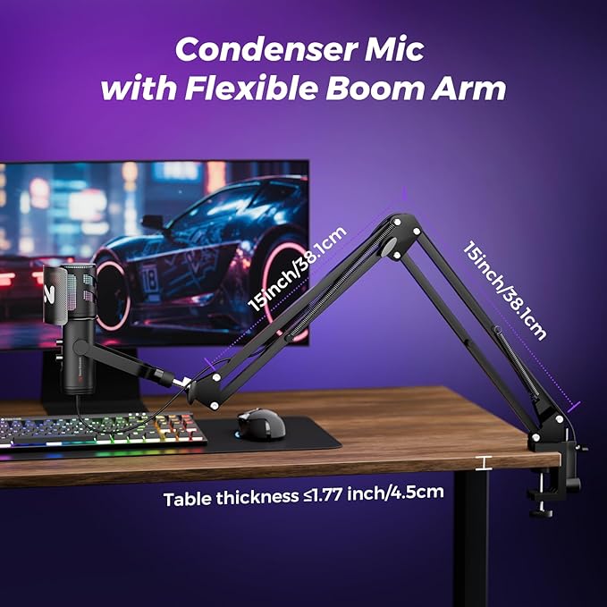 NearStream RGB Gaming Microphone for PC with Noise Canceling/Monitor/Mute/Gain/Removable Pop Filter, USB Condenser Mic with Boom Arm for Stream/Podcast/Twitch/Discord/YouTube/PS4/PS5(AM30U)