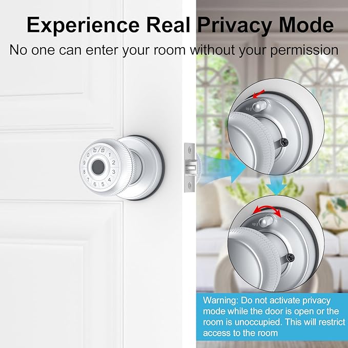 BIWIBON 4-in-1 Smart Door Knob, Fingerprint Door Knob with App Control, Smart Fingerprint Door Lock with Keypad, Real Privacy Mode, Auto Lock, Ideal for Home, Bedroom, Garages &Office, Silver,1 Pack